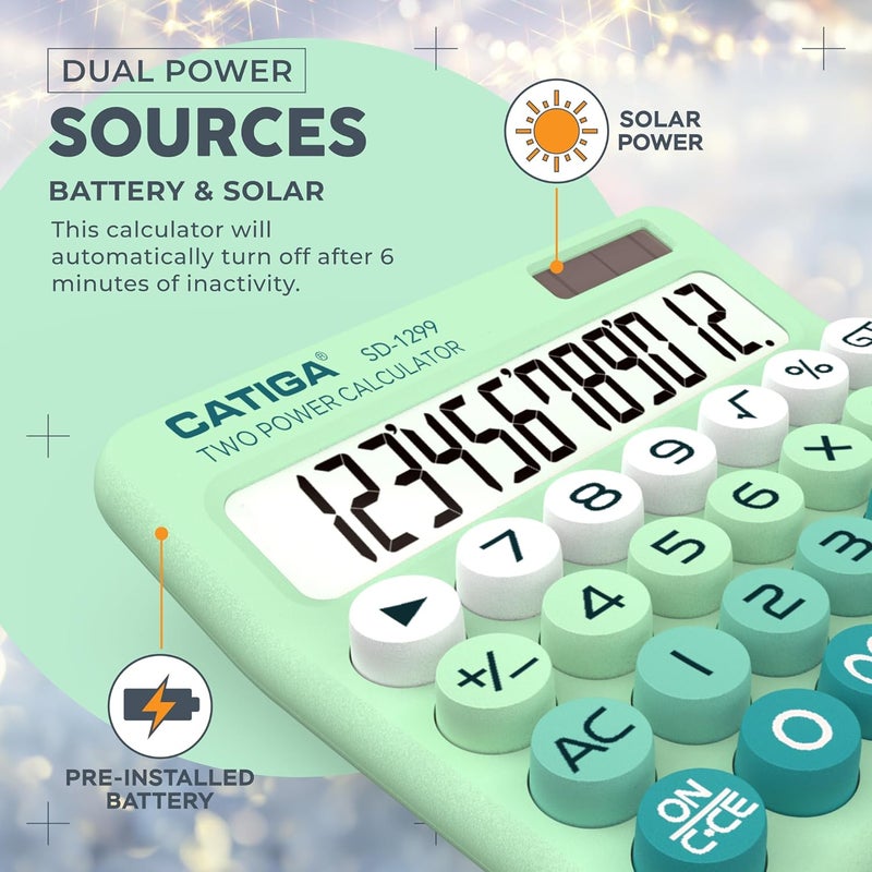 CATIGA Mechanical Switch Calculator with Solar and Battery Dual Power, 12-Digit Large LCD Display, Aesthetic and Cute Desktop Calculator with Big Button, for Home, School and Office Use, SD-1299 - Image 5
